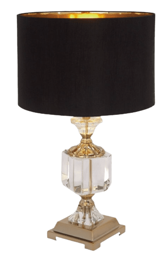 photo of a brass and crystal lamp with a black lamp shade