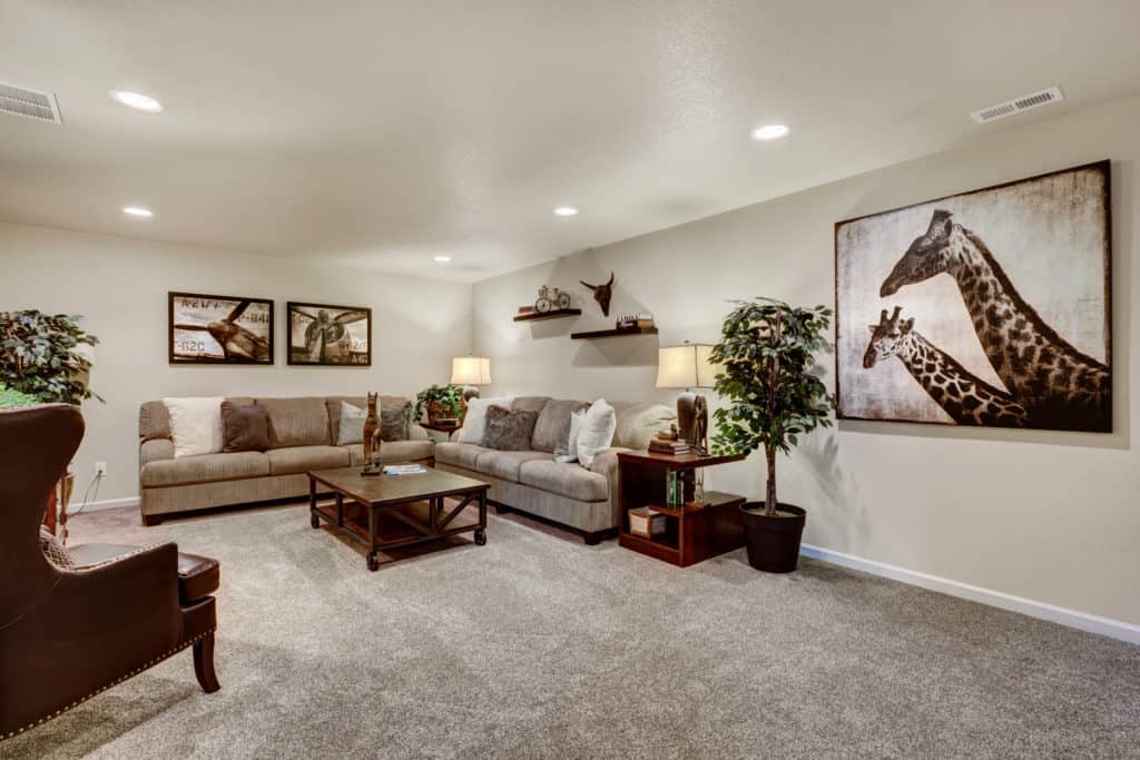 A basement rec room design with Millennial Brown